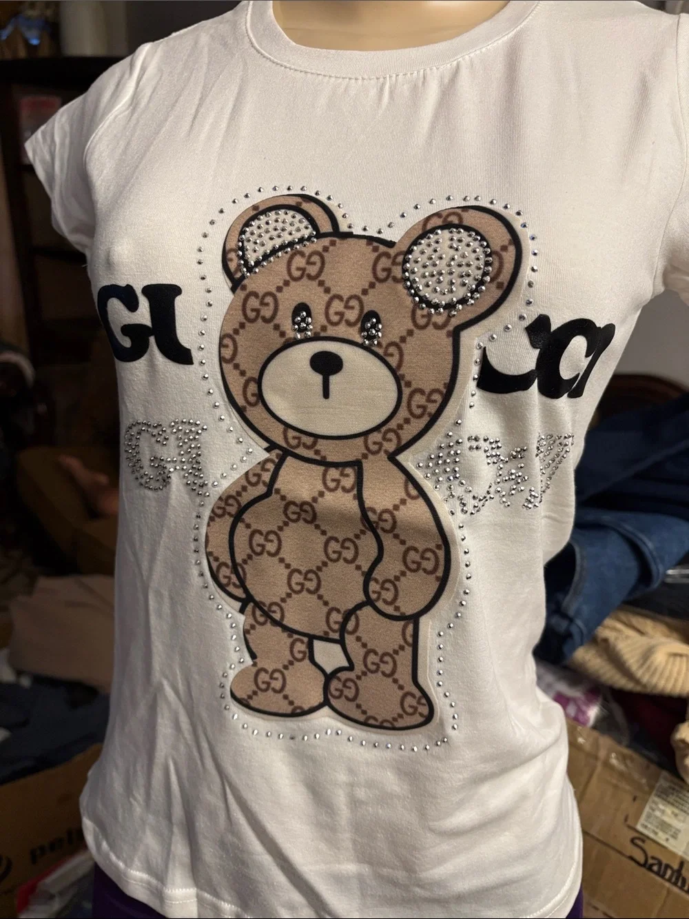 Kids White Teddy Logo Tee with Crystal Accents